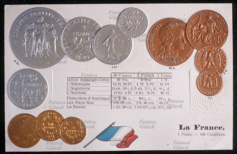 MONETE in corso in Francia: Franco, centimes. (1 franco=100 centimes). Cromolitografia su carta goffrata dalla serie \
