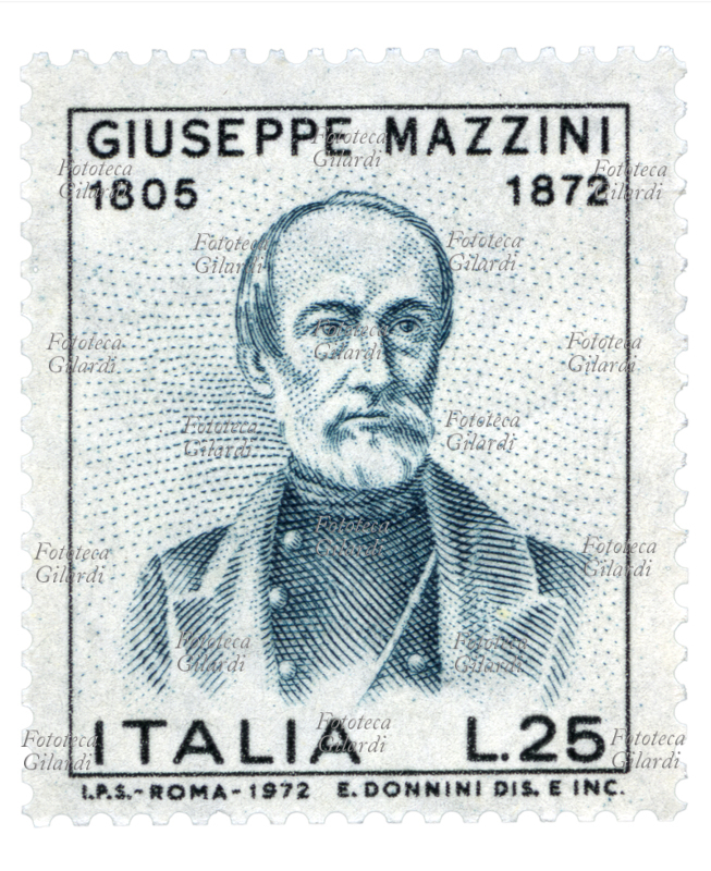 Giuseppe MAZZINI (22 giugno 1805 – 10 marzo 1872), patriota, politico, filosofo e giornalista italiano. Francobollo commemorativo della serie "Centenario della morte di Giuseppe Mazzini" emesso dalle Poste Italiane. Nella vignetta, il ritratto del patriota risorgimentale. Disegno di Eros Donnini, valore nominale 25 lire, stampa calcografia e rotocalco I.P.S. Roma. Italia, emissione 10 marzo 1972.