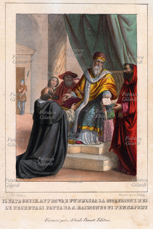 GREGORIO IX (1143-1241) Papa dal 1227, approva e pubblica la collezione delle Decretali fatta da S. Raimondo di Pennafort. Litografia acquarellata della prima metà del XIX secolo