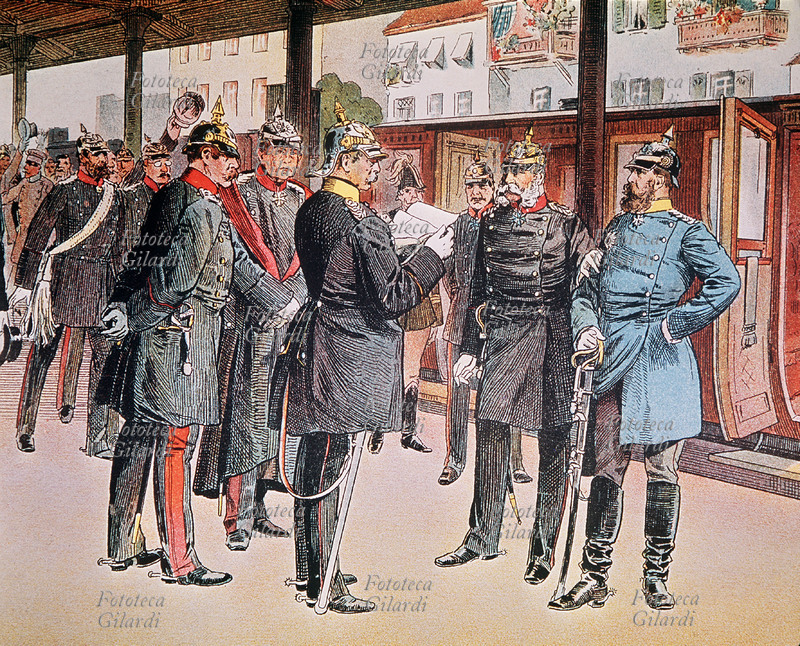 Otto BISMARCK (1815-1898) alla stazione di Berlino con Guglielmo I, ascolta il dispaccio con la dichiarazione di guerra francese (Guerra franco prussiana). Stampa popolare dell\