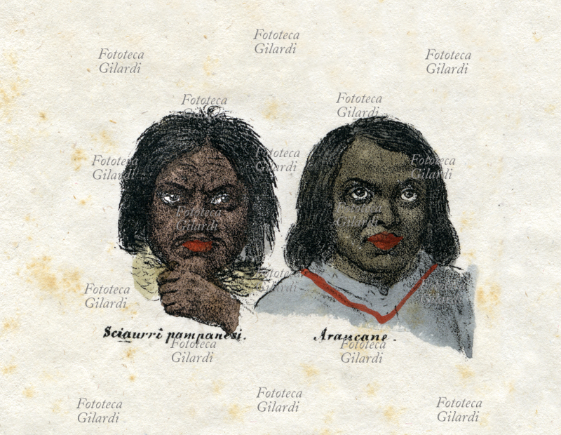 RAZZE UMANE "Razza americana. Sciaurri pampanesi, Araucane". Didascalia originale stilata secondo il concetto ottocentesco di "razza", che sebbene permanga nel linguaggio comune si ritiene scientificamente superato nel tardo secolo successivo, e meglio definito con il termine ritenuto anche più politicamente corretto di "etnia" o "fenotipo", a seconda del contesto. Dettaglio dalla tavola V, "Prospetto di tutte le razze del globo e loro fogge di vestire", da "La Geografia a colpo d\