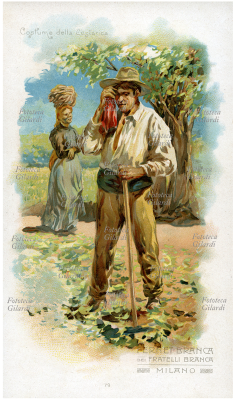 ANTHROPOLOGY "Costume of Costa Rica". Farmer man and woman dressed in European style, the man with a wide-brimmed hat and waistband wipes the sweat off with a red handkerchief; the woman with a skirt and long sleeves, on her head covered by a wide veil, carries a bunch of bananas. Chromolithographic table from Fernet Branca promotional illustrated atlas. Milan, 1911