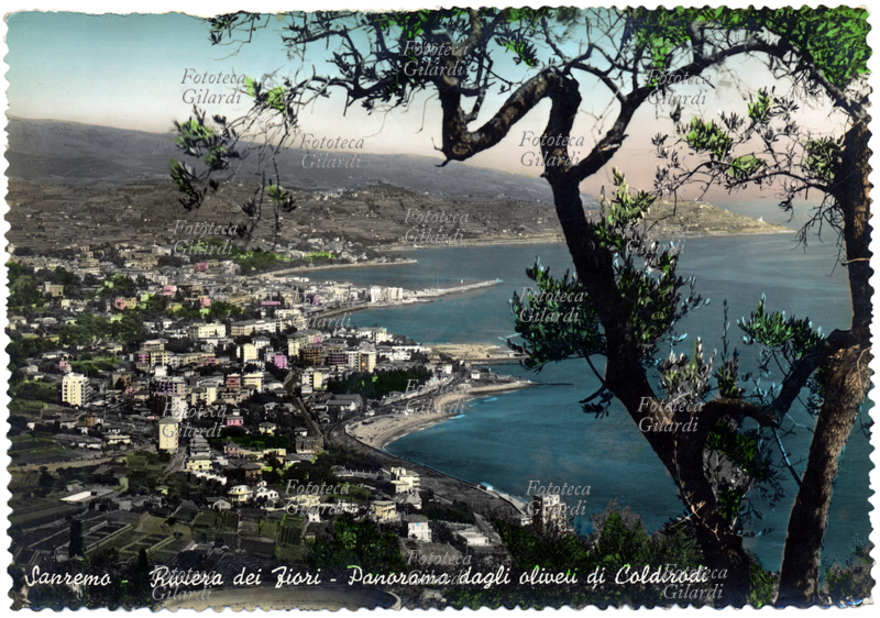 SANREMO - Riviera dei Fiori, overlooking the olive groves of Coldirodi. Postcard, Hand Colored Photography, Italy circa 1955