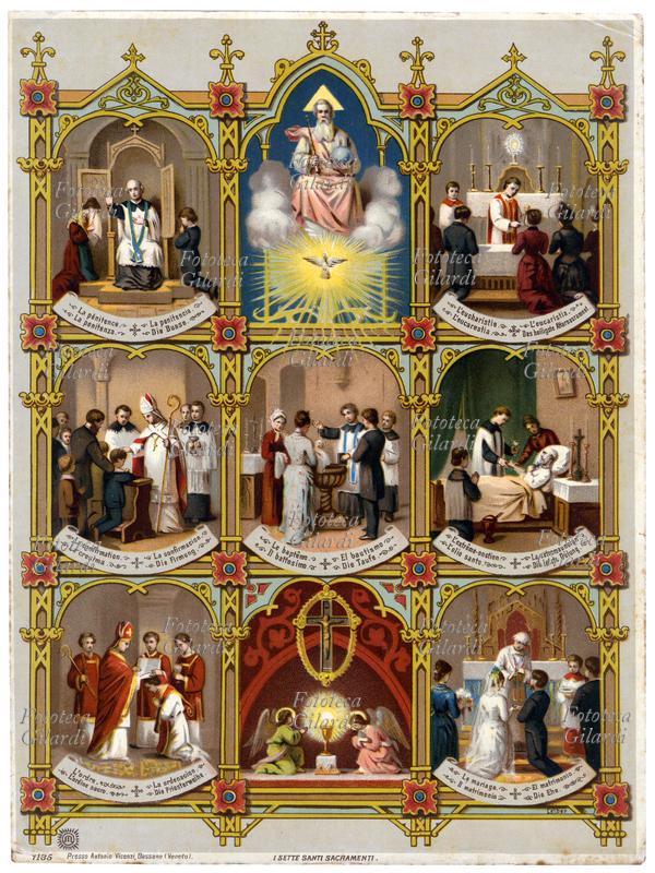 SACRAMENTI Immagine devozionale popolare che illustra i sette Sacramenti: Penitenza, Cresima, Ordine Sacro, Battesimo, Eucarestia, Estrema Unzione, Matrimonio. Cromolitografia, 1900 circa