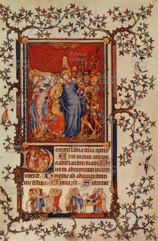 VANGELO La cattura di Cristo; il bacio di Giuda e conseguente arresto. Miniatura di Jean le Noir tratta dalle \