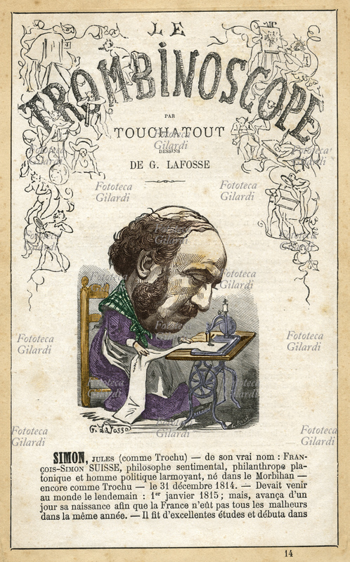 Jules SIMON (Lorient, December 27, 1814 - Paris, June 8, 1896) French philosopher and politician, Prime Minister of the Third Republic from 12 December 1876 to 17 May 1877, curiously represented as a seamstress sewing by machine. Caricature by Georges Lafosse (1844-1880) from "Le Trombinoscope", satirical political periodical by Léon-Charles Bienvenu, called Touchatout (1835 -1910); monograph n. 14, Paris, 19th century