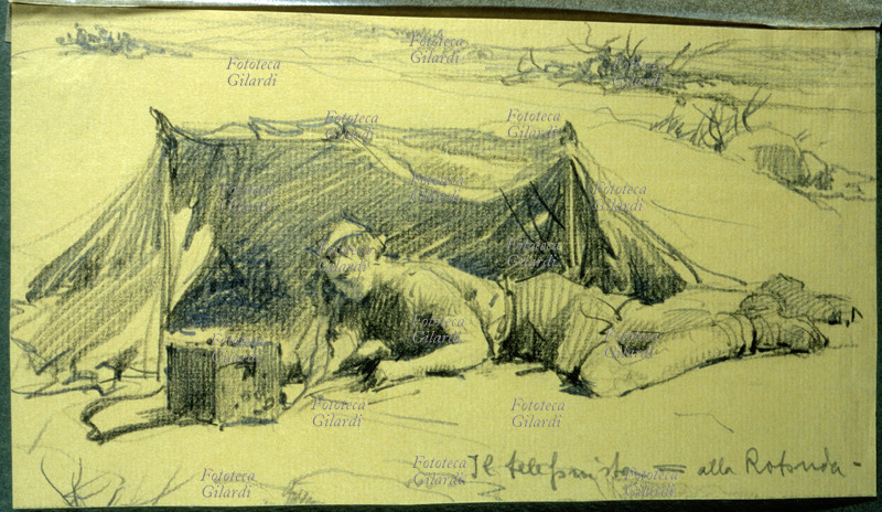 II G.M. ITALIA Il telefonista a Rotonda, caposaldo Nord. Schizzo a matita dalla raccolta personale di ricordi del pittore acquarellista e illustratore italiano Gerolamo Bartoletti (9 gennaio 1893 - 1962), intitolata \