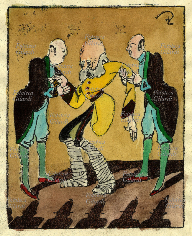 PRIMA GUERRA MONDIALE AUSTRIA satira italiana: Francesco Giuseppe, barcollante e con le gambe fasciate appunta una medaglia sul petto di un soldato e dice: -mi raccomando tenetela ben attaccata, che il popolo non veda mai il rovescio!- Da \