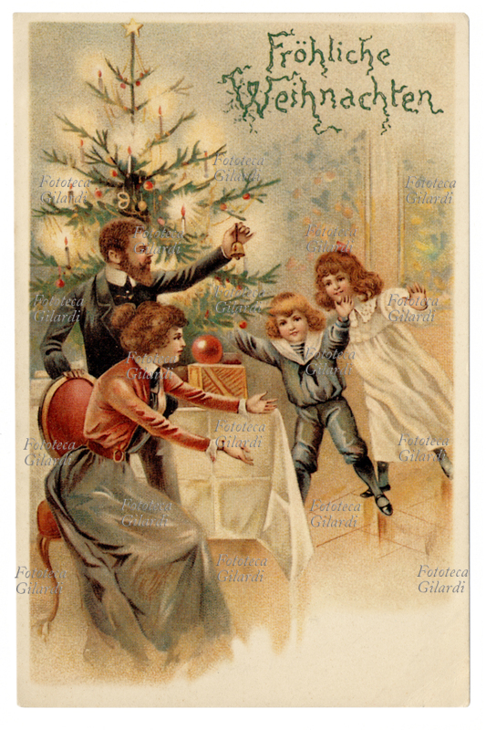 CHRISTMAS - Family gathered under the Christmas tree; the father plays a little bell and the children rush joyfully. German chromolithograph postcard from the beginning of the 20th century