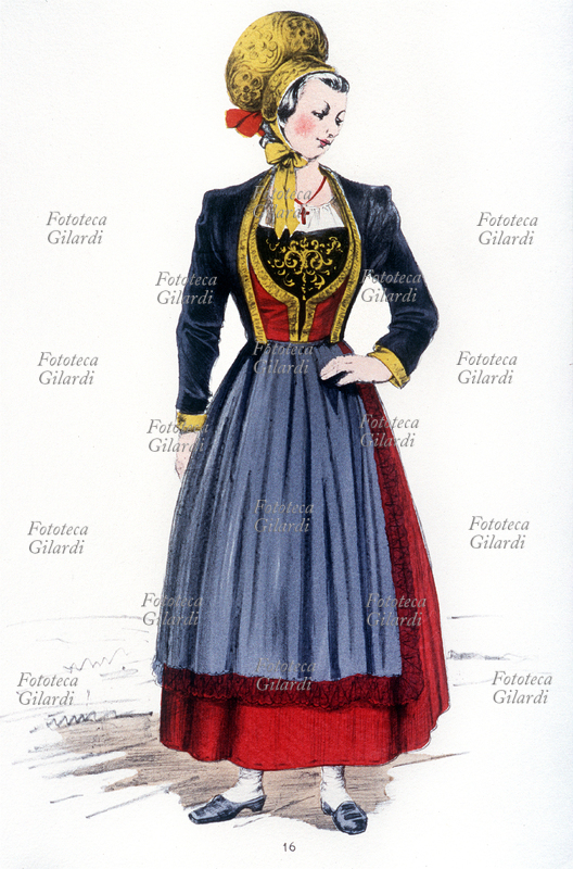 GRESSONEY (AO) traditional costume female. Table n. 16 as "National costume Italian. Northern Italy." Lithography monochrome drawing Aldo Fornoni and Maria Angela Grassi, then by the watercolor. GG Gorlich Editore, Milan 1958.