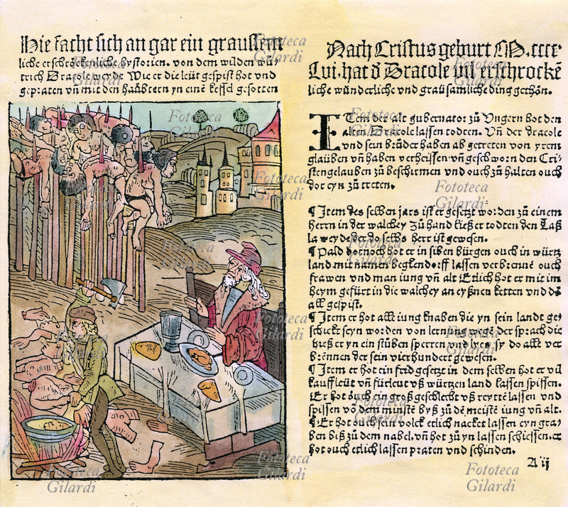 Vlad TEPES DRACULA (1431-1476) ritratto mentre pranza tranquillamente davanti ai suoi prigionieri giustiziati mediante impalatura; egli fu famoso in Valacchia, l\