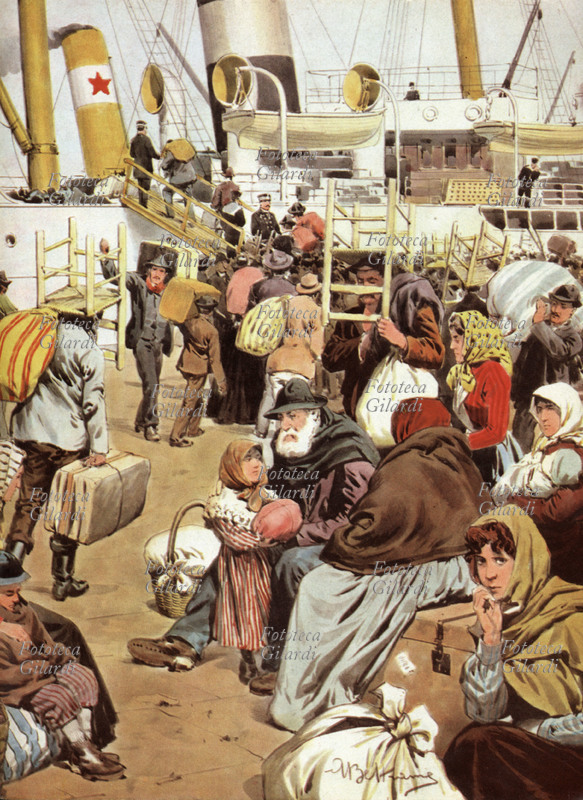 EMIGRAZIONE Italia/Usa. Emigranti in attesa di partire affollano la banchina del porto di Genova. Disegno di Achille Beltrame (19 marzo 1871 – 19 febbraio 1945) da un numero de "La Domenica del Corriere". Milano, 1901