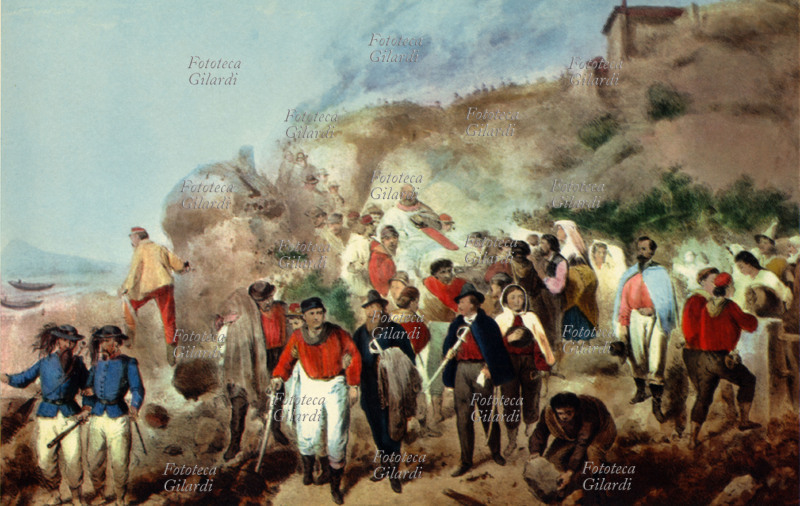 RISORGIMENTO La ritirata dopo la battaglia di Aspromonte, Giuseppe Garibaldi (1807 – 1882) ferito nel 1862. Litografia di C. Perrin, Torino XIX secolo.