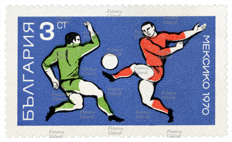 CALCIO Francobollo della serie "Mondiali di calcio" emessa dalle poste bulgare per commemorare il campionato mondiale di calcio, o Coppa del mondo Jules Rimet, disputato in Messico dal 31 maggio al 21 giugno 1970. Questa è stata l\