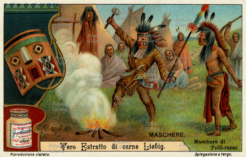 MASCHERE di Pelli-rosse. Due nativi americani eseguono una danza rituale e taumaturgica intorno al fuoco, mascherati e con il corpo coperto da disegni; gli altri membri della tribù assistono seduti in disparte. Vero estratto di carne Liebig. Cromolitografia, figurina Liebig della serie "Maschere", Italia 1912