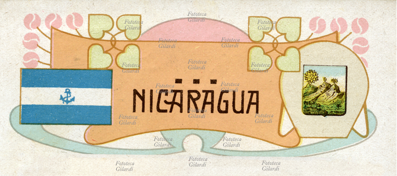 BANDIERA e stemma storici del Nicaragua inseriti nella testata in stile floreale di una pagina di atlante illustrato promozionale Fernet Branca. Cromolitografia, Milano, primi anni del 1900