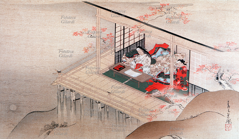 GIAPPONE La scrittrice Murasaki Shikiribu nel tempio di Ishiyama. Dipinto di Choshun Miyagawa (1682-1752)