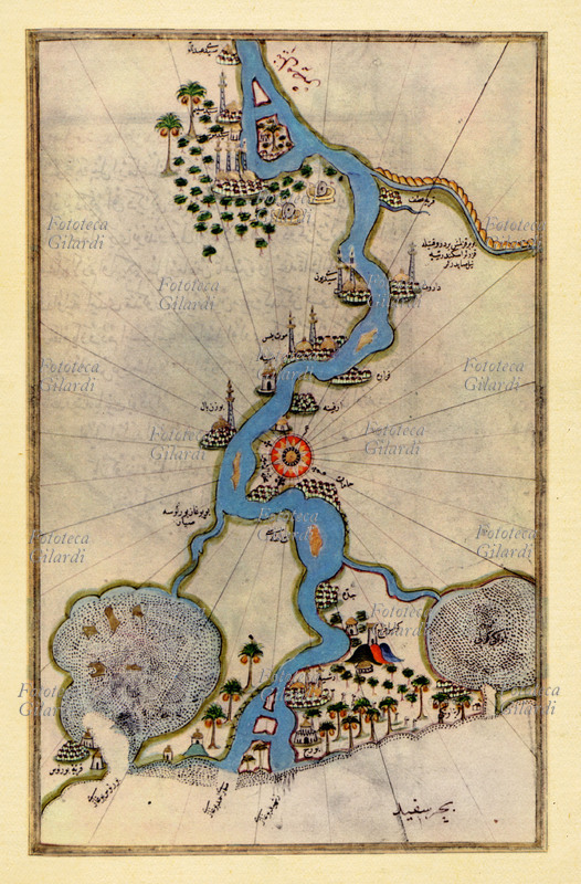 ESPLORAZIONI il serpeggiante percorso del Nilo che, tra oasi ornate di palme, raggiunge il Mar Mediterraneo. Carta araba del XVII secolo