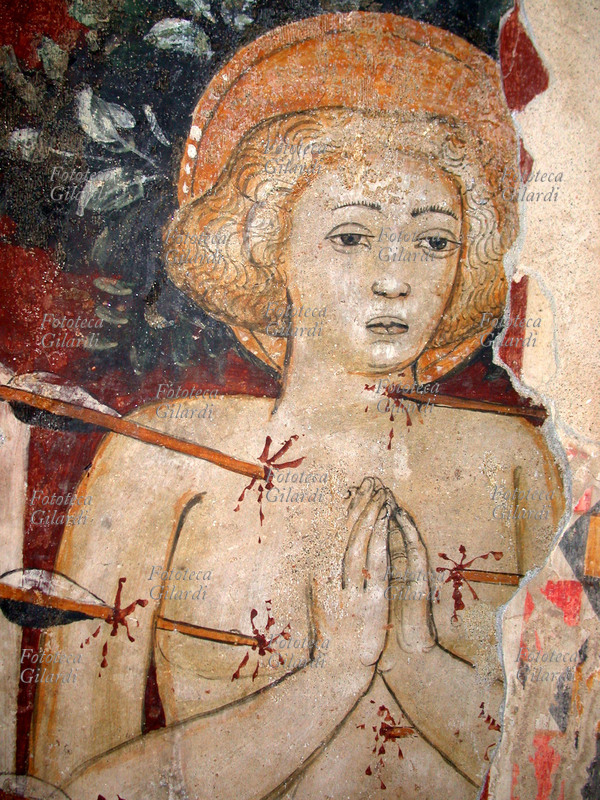 SAN SEBASTIANO affresco di epoca medioevale, XIV secolo.Terrazza Coste, Santuario (o Oratorio) della Beata Vergine del Pontasso (Pavia)