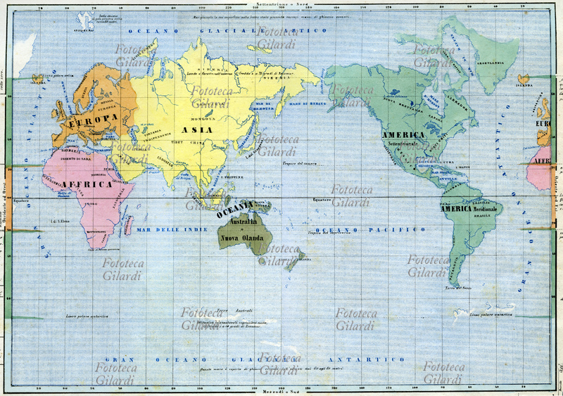 PLANISFERO ossia prospetto generale del globo. Le terre emerse non evidenziano i rilievi, ma solo le principali indicazioni idrografiche, sono cromaticamente distinte nei cinque continenti, e benché non compaia alcuna linea di confine sono riportati i nomi delle zone politico/geografiche. Dettaglio della carta dalla tavola IV, da "La Geografia a colpo d\