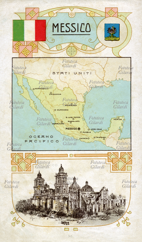 CARTOGRAFIA "Messico", bandiera, stemma, cartografia e veduta della capitale Città del Messico. Tavola cromolitografica da atlante illustrato promozionale Fernet Branca. Milano, primi anni del 1900