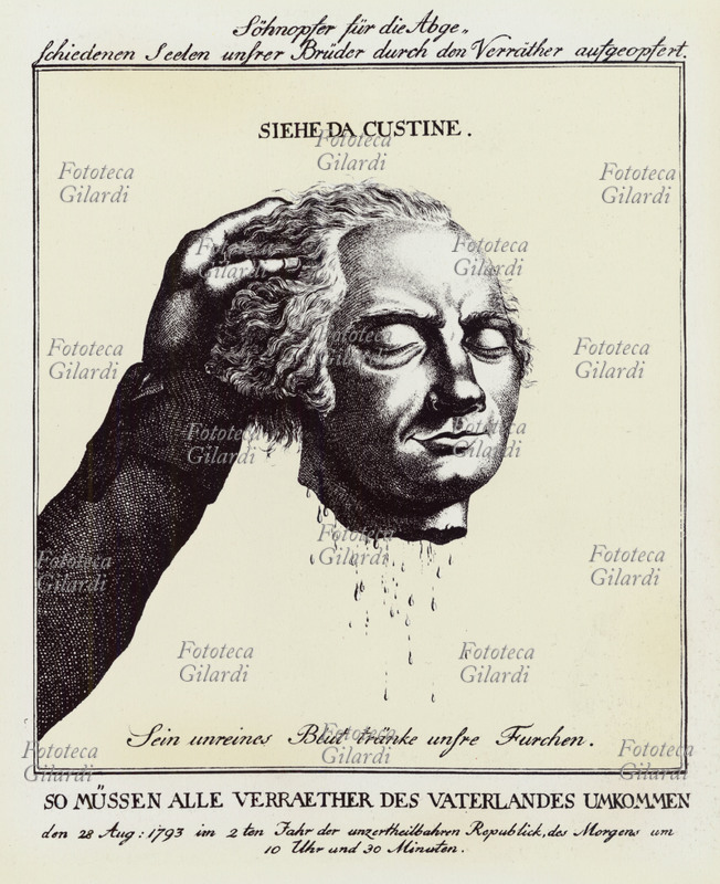 RIVOLUZIONE FRANCESE la testa del Generale Adam Philippe Custine, gistiziato alla ghigliottina il 28 agosto 1792 per aver subito sconfitte in Belgio e aver abbandonato le armate. Stampa fiamminga XVIII secolo.