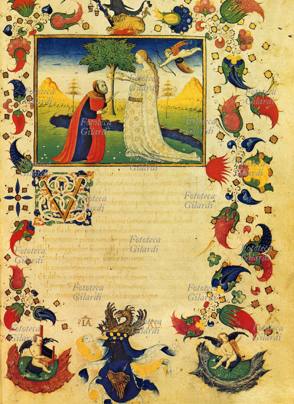 Francesco PETRARCA (20 luglio 1304 – 19 luglio 1374) Nelle pagine precedenti alle Rime, è narrata e illustrata la vita del Poeta, qui raffigurato con Laura come musa ispiratrice. Pagina di un codice miniato lombardo del XV secolo.