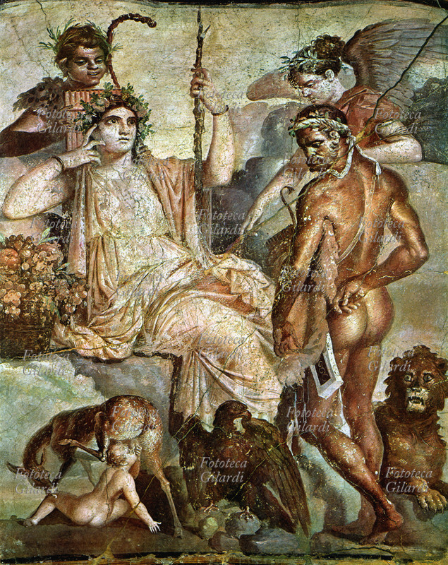 MITOLOGIA Ercole riconosce il figlio accidentale Telefo, tolto alla madre Auge e abbandonato dal nonno Aleo sul monte Partenio, accolto dalle ninfe di Arcadia e allattato da una cerva. Nella scena una ninfa seduta sul trono, alle sue spalle un giovane satiro che suona la siringa, e dietro il semidio una divinità alata (Vittoria o Nemesi, o...?), osserva anch\