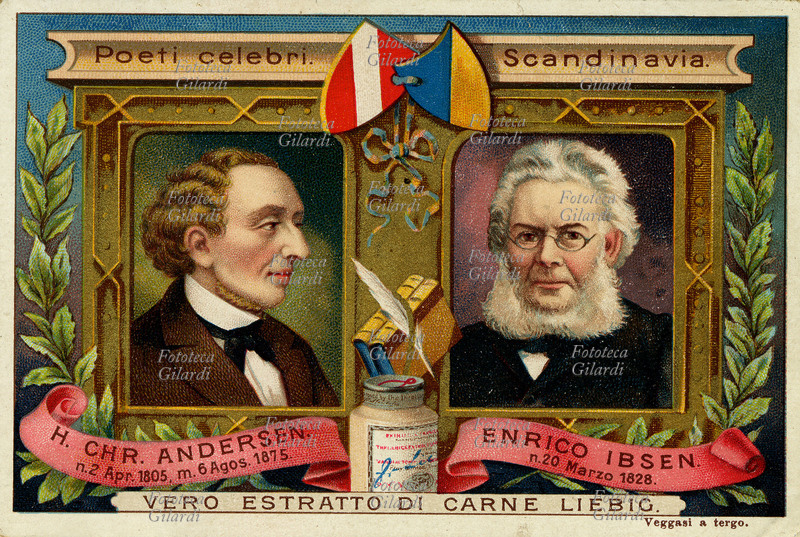 LETTERATURA i ritratti di Hans Christian Andersen (2 aprile 1805 - 6 agosto 1875), scrittore, favolista e poeta danese, e Henrik Ibsen (20 marzo 1828 - 23 maggio 1906), drammaturgo, poeta e regista teatrale norvegese; fra le due effigi, gli scudi con i colori delle reciproche bandiere (all\