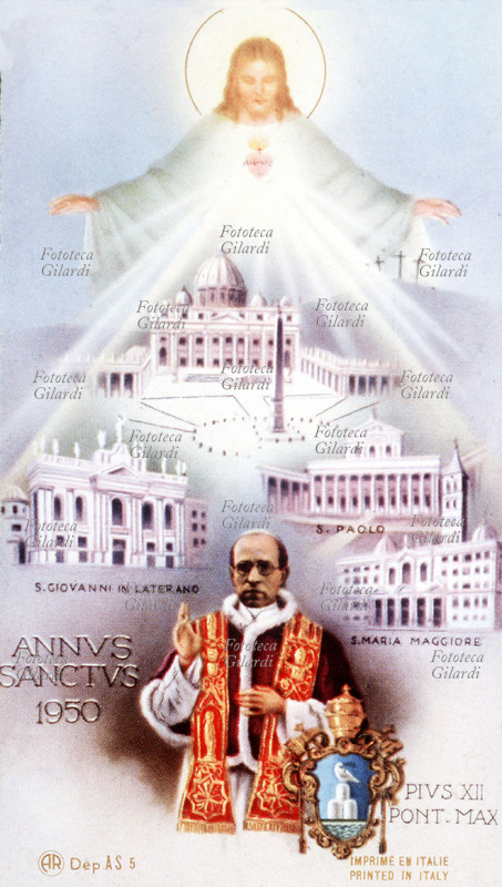 ANNO SANTO 1950 Immaginetta celebrativa con la raffigurazione delle Basiliche Patriarcali, sedi delle Porte Sante, e il ritratto del Pontefice Pio XII benedicente, illuminati dalla Luce Divina del Sacro Cuore di Cristo. Stampa offset, Roma 1950.