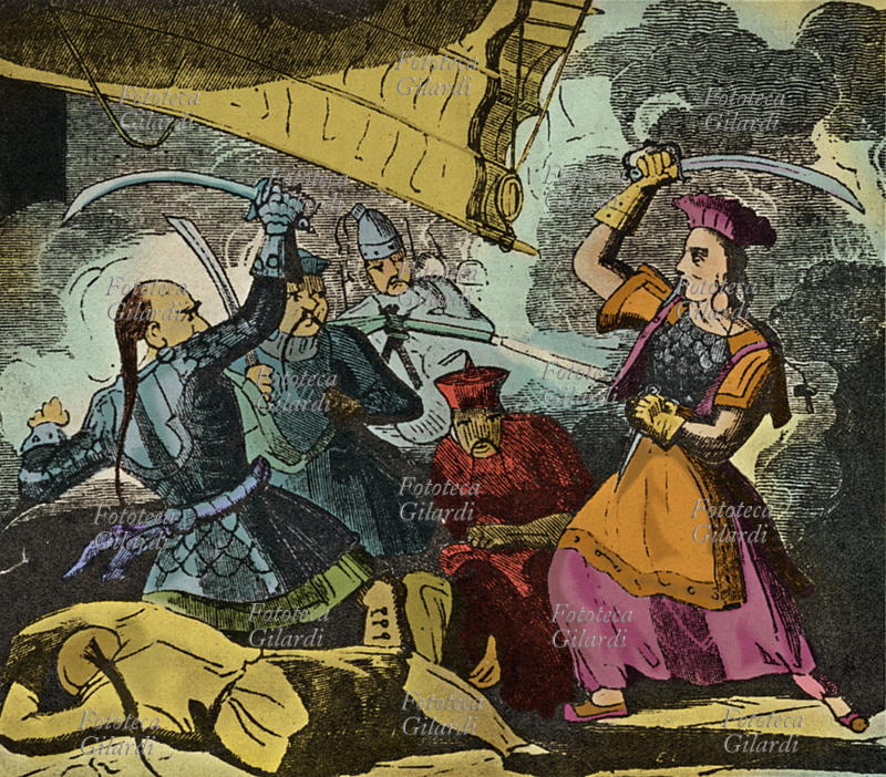 CHENG I SAO donna pirata, impegnata in un duello. Cheng I Sao fu la moglie di Cheng I, uno tra i più temibili pirati di tutti i tempi vissuto nei mari attorno alla costa meridionale cinese. Quando nel 1807 il marito morì, lei continuo le attività piratesche con un seguito di migliaia di pirati. Stampa colorata del XIX secolo.