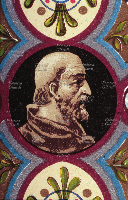 PAPA SAN ANICETO martire (? - 166), nato in Siria, eletto nel 155, sepolto nelle catacombe di san Callisto, poi nel Seminario Spagnolo in Roma. Istituì il taglio delle chiome al clero. Ritratto, dettaglio da una cartolina cromolitografica della \