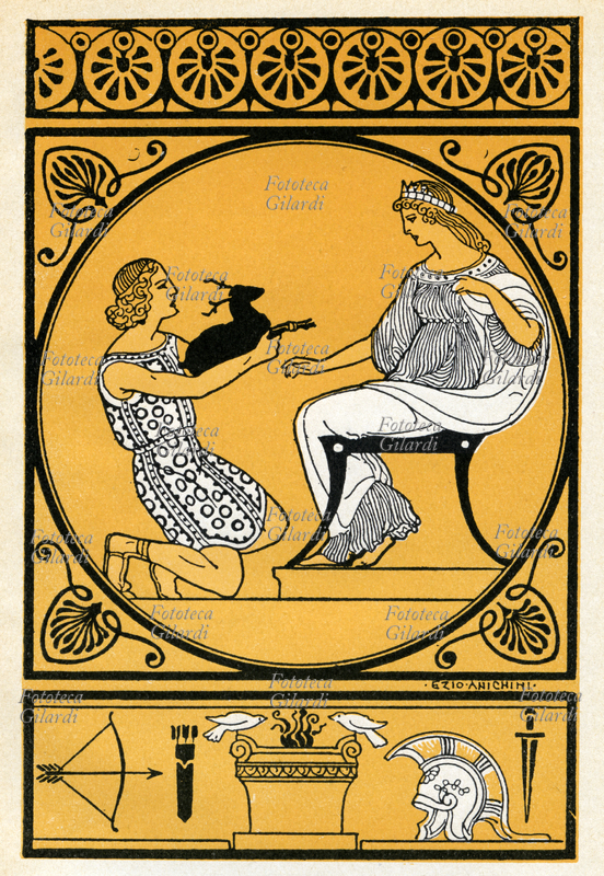 GUERRA DI TROIA Menelao porta in dono un cerbiatto ad Elena. Tavola da "Storie della storia del mondo. Greche e barbare", di Laura Cantoni Orvieto (7 marzo 1876 – 9 maggio 1953), scrittrice italiana che fu parte attiva del dibattito letterario a partire dagli inizi del XX secolo, e seppe unire la sua capacità di sintesi divulgativa alla passione per i bambini attraverso la produzione di una serie di apprezzatissimi libri per l\