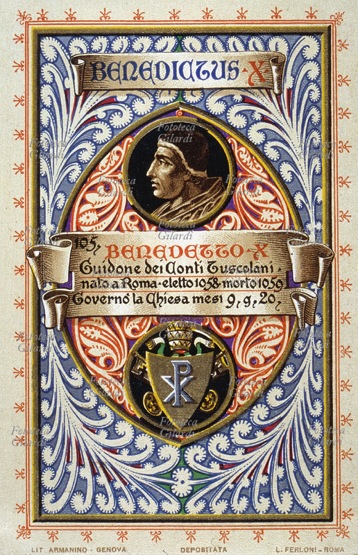 PAPA BENEDETTO X (? - 1074), al secolo Guidone (Giovanni) dei conti Tuscolani, nato a Roma; eletto nel 1058 con il sostegno della nobiltà e del popolo, fu costretto dagli avversari ecclesiastici ad abdicare nel 1059. Governò la Chiesa per 9 mesi e 20 giorni. In seguito è stato considerato dagli storici tanto Papa quanto Antipapa, a seconda dell\