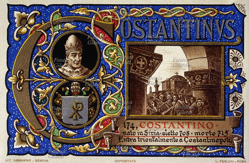 PAPA COSTANTINO (664 – 9 aprile 715), nato in Siria, eletto nel 708, entra trionfalmente in Costantinopoli, dove l\