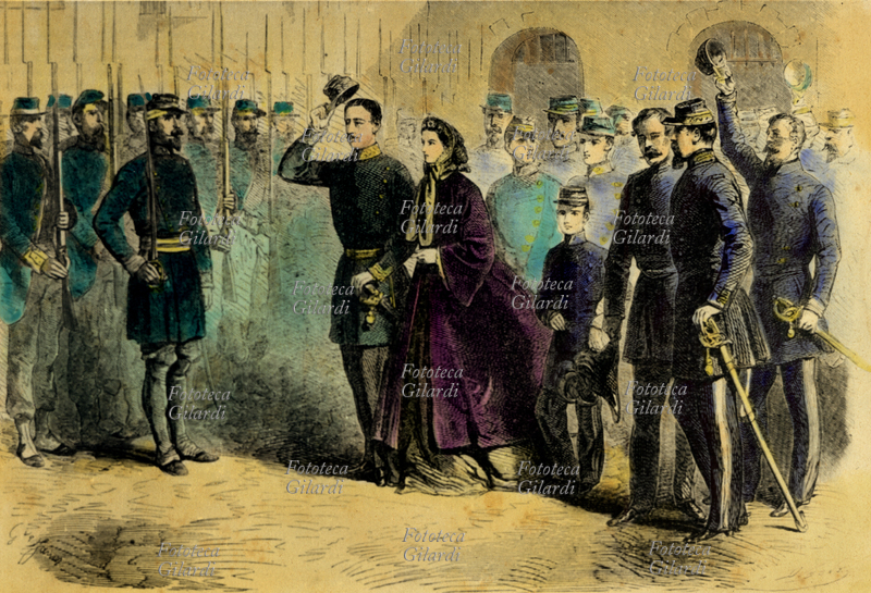 RISORGIMENTO Assedio di Gaeta, i reali borboni di Napoli lasciano Gaeta e salutano la guarnigione. Italia 15 febbraio, 1861