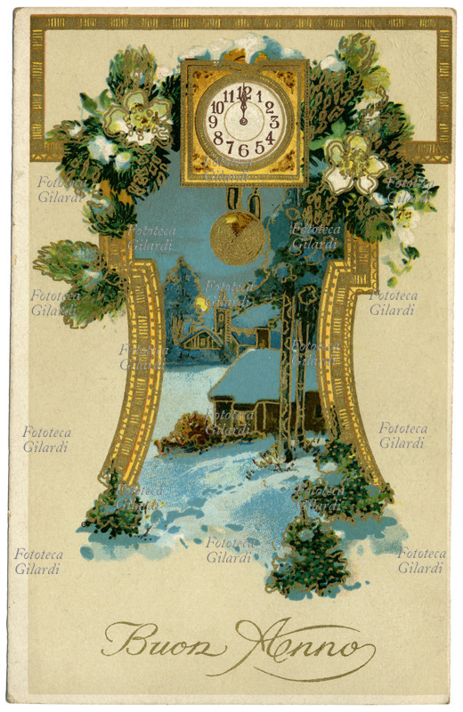 CAPODANNO composizione augurale: un orologio a pendolo sulla mezzanotte , sovrasta una cornice intorno ad un paesaggio innevato. Cromolitografia, Italia 1912