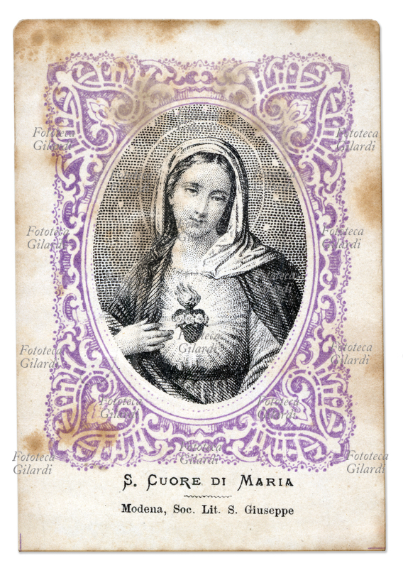 SANTINO S. Cuore di Maria, La Madonna è raffigurata a mezzobusto, in una cornice ovale. Stampa a due colori, nero e cornice viola. Modena Soc. Lit S. Giuseppe, XIX secolo