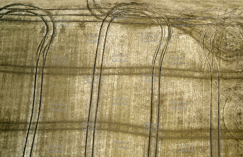 FREEHAND (A mano libera) Le tracce di un trattore sul letto di una risaia a Vercelli. I campi di riso sono sorprendenti: mentre i vigneti cambiano colore gradatamente in tutte le stagioni, le piantagioni di riso cambiano colore e forma velocemente quasi ogni minuto. Principalmente a causa della loro rapida crescita e del fatto che, per un certo periodo di tempo, sono coperte dall\