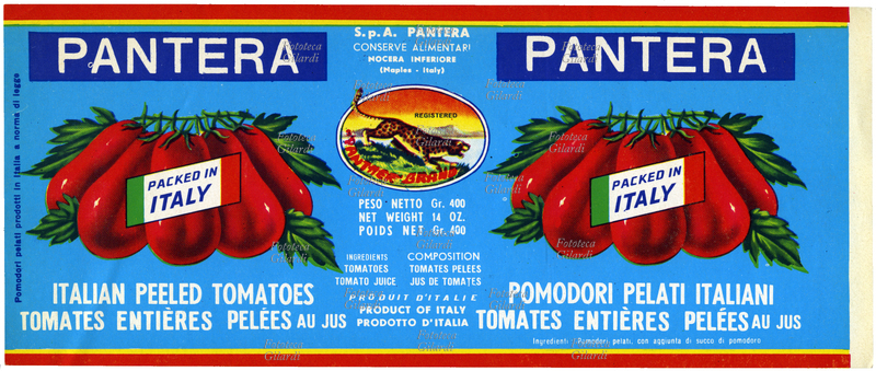 ETICHETTA per i pomodori pelati in scatola marchio "Pantera", prodotti in Italia per l\