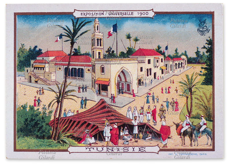 ESPOSIZIONE Universale-Tunisia, padiglione che rappresenta la nazione in fiera. Da una serie di piccole cromolitografie dedicate a ciascuno dei padiglioni dell\