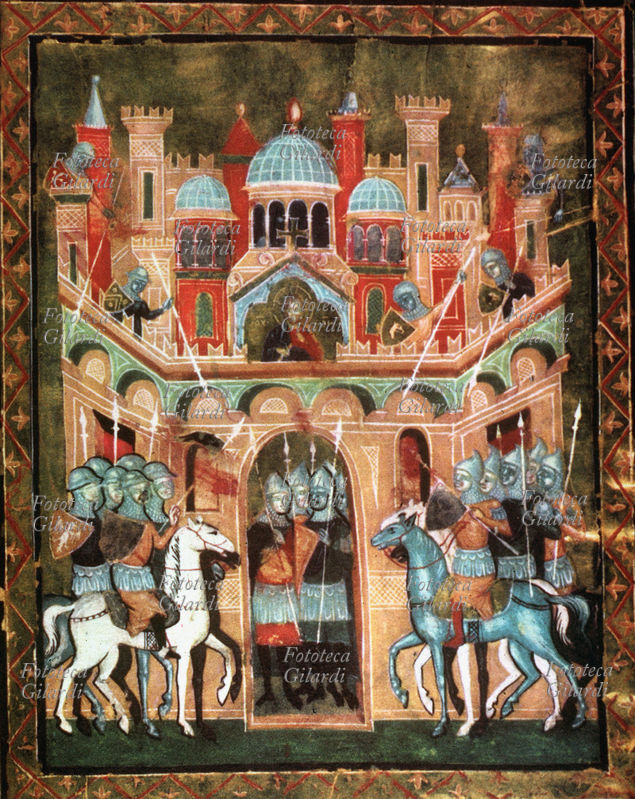 CROCIATE Cavalieri e soldati crociati alla difesa di Gerusalemme. Miniatura del XIV secolo. Dal codice \