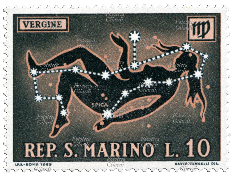 ZODIACO Costellazione della Vergine, raffigurazione con il simbolo astrologico e la stella principale Spica. Francobollo di una serie emessa dalle Poste sammarinesi rappresentante i segni dello Zodiaco. Disegno di David Vangelli (7 maggio 1959), tipo di stampa: fotoincisione, valore nominale L. 10. Repubblica di San Marino, emissione 18 febbraio 1970