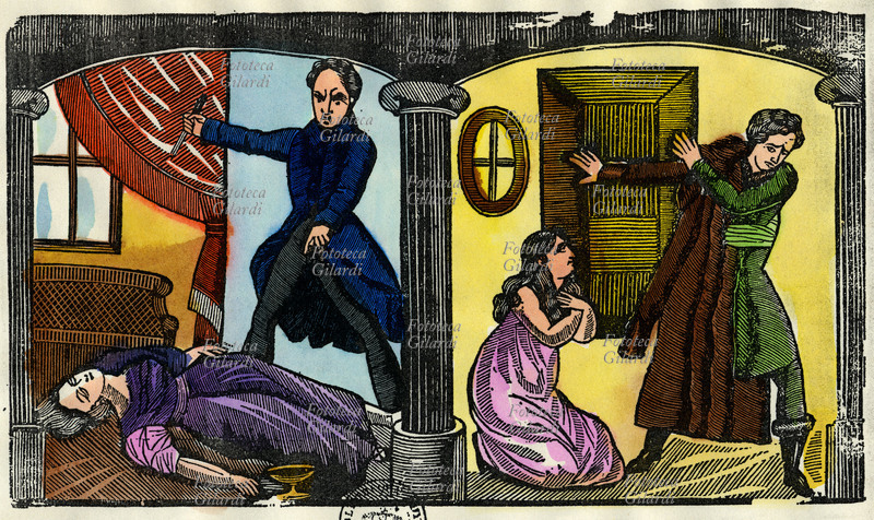 GELOSIA la storia di una giovane moglie vittima di un marito geloso. Incisione xilografica a colori di due scene della storia. Foglio volante francese del XIX secolo