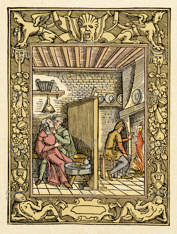 EROTISMO Il marito cede la moglie al signore locale - xilografia colorata XVI secolo