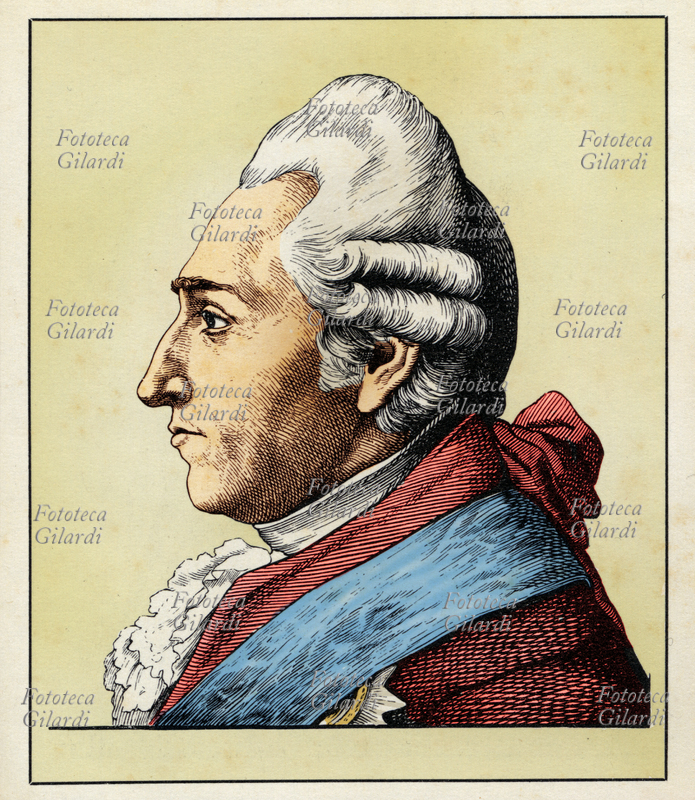 Ewald Friedrich von HERTZBERG (2 settembre 1725 - 22 maggio 1795), conte e politico prussiano, ministro della guerra di Federico II di Prussia; negoziò, fra gli altri, il Trattato di Hubertusburg del 15 febbraio 1763, con Austria e Sassonia, con il quale si poneva fine alla Guerra dei sette anni. Ritratto, versione colorata di una incisione di Hugo Bürkner (1818-1897), Germania 1854