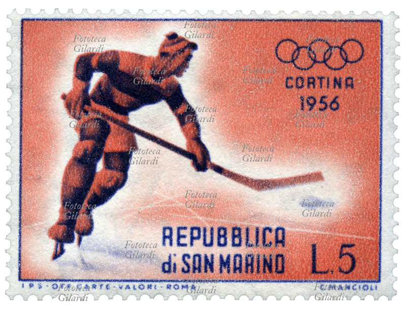 OLIMPIADI INVERNALI Hockey su ghiaccio. Francobollo dalla serie dedicata agli sport praticati nei VII Giochi olimpici invernali disputati a Cortina D\