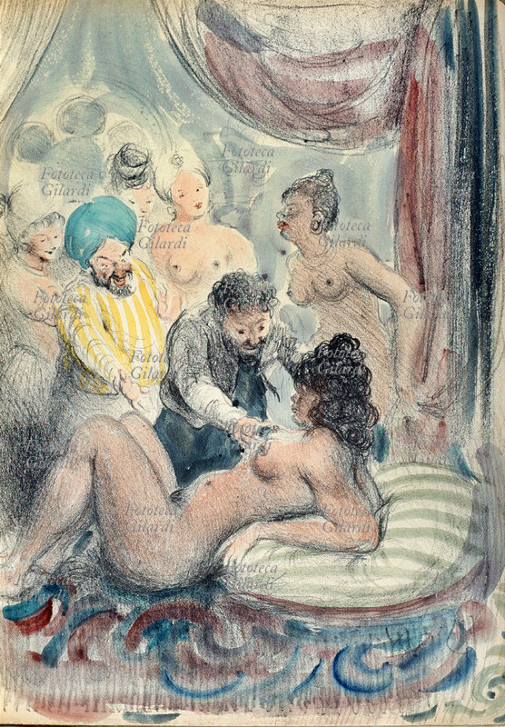 EROTISMO veduta di un harem. Litografia di Adriano Sicbaldi tratta da una edizione preziosa, numerata e firmata dall\