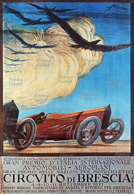 AUTOMOBILISMO Manifesto di Aldo Mazza (6 luglio 1880 – 26 luglio 1964), pittore, pubblicitario e illustratore italiano per le corse al circuito di Brescia: due auto da corsa rombano in partenza mentre uno stormo di aquile vola stagliandosi contro un nuvolone dorato. Sotto l\