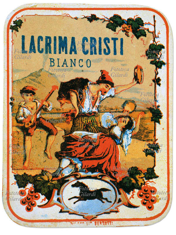 VINO Etichetta del bianco Lacrima Cristi. Scena campagnola, due giovani ballano suonando il tamburello e un ragazzo li accompagna col Calascione (o Colascione). Sullo sfondo il Vesuvio, 1865